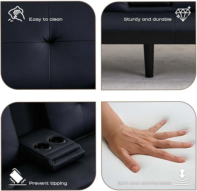 67 Futon Sofa BedConvertible Sofa Bed with 2 Cup HoldersSleeper Couch PVC Leather Removable Soft Armrest Small Couch for Living Room Apartments ﻿ (Black)