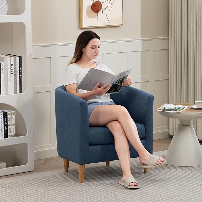 Accent Barrel Chair Modern Comfy Living Room Chairs with Armrest Small Reading Chair with Cozy Soft Padded for Bedroom Reception Room Cafe Blue