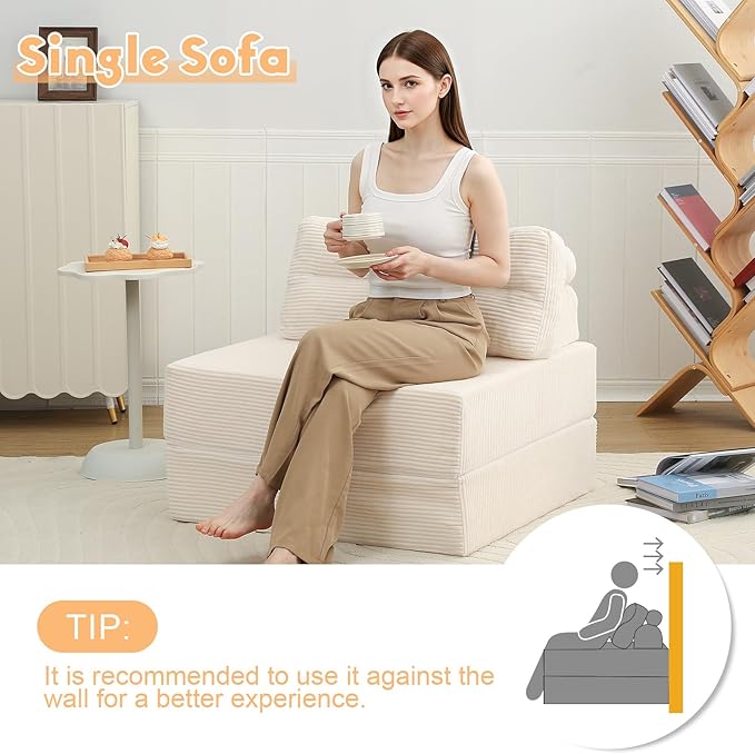 MeMoreCool Folding Sofa Bed – Convertible Sleeper Chair with Pillow Beige 31.5″ × 70.1″ Shredded Foam Lounge Chair for Living Room Bedroom Small Spaces | Headrest &amp Lumbar Support Corded Fabr