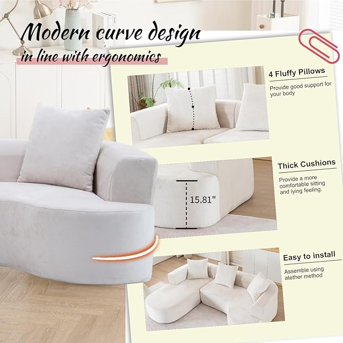 100''Oversized Sectional Sofa with Chaise for Living RoomModern Luxury Chenille 3-Seater Sofa Extra Wide Seat L-Shape Curved Cloud Couch with 3 Throw Pillows (Beige 100)