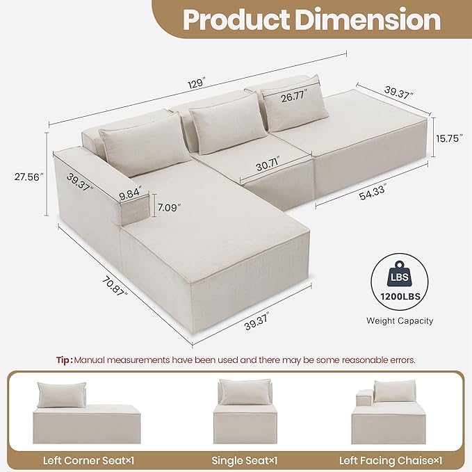 129 Modular Sectional Sofa L-Shaped Cloud Couch with Extra Long Chaise Lounge Oversized Chenille Boneless Sofa Set for Living Room Comfy Floor Seating No Assembly Required