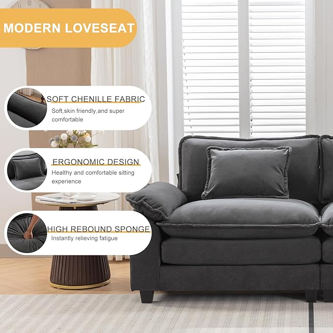 Modular Sectional Sofa 86 L Shaped Couch Set with Movable Ottoman Flannel Comfy Cloud Couch Sectional Set Extra Deep Seat Sofa with 2 Pillows for Living Room (Dark Grey 2-Seat &amp 1-Ottoman)