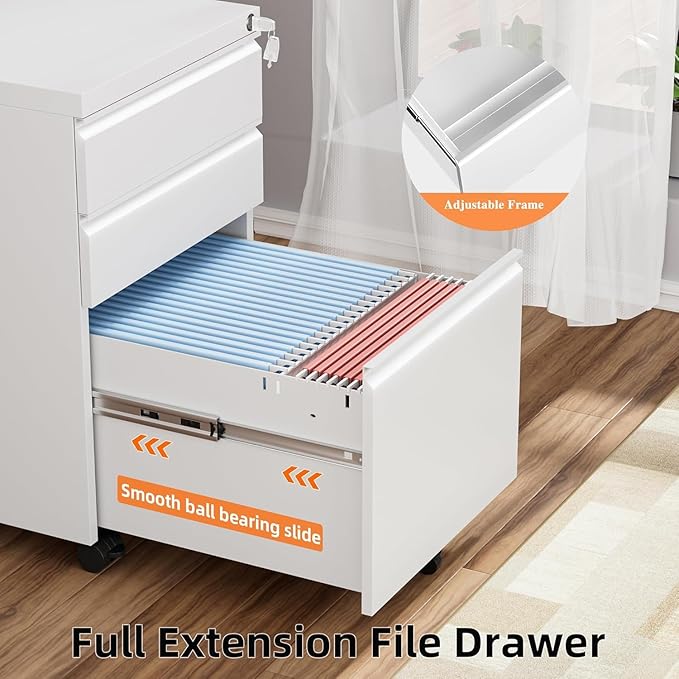 3 Drawer Mobile File Cabinet Metal Rolling Filing Cabinet with Lock for Home Office Under Desk Small Cabinet with Wheels Fit Legal/Letter/A4 (White)