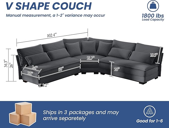 5-Seater Sectional Couch 102 L-Shaped Corner Sofa Oversized Corduroy Cloud Couch with 2-Layer Cushions for Living Room Aparment (Darkgray)