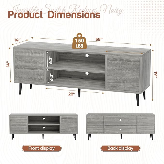 YESHOMY Modern TV Stand for 65 Television Entertainment Center with Two Storage Cabinets Retro Style Media Console for Living Room Bedroom Office 58 Inch Light Gray