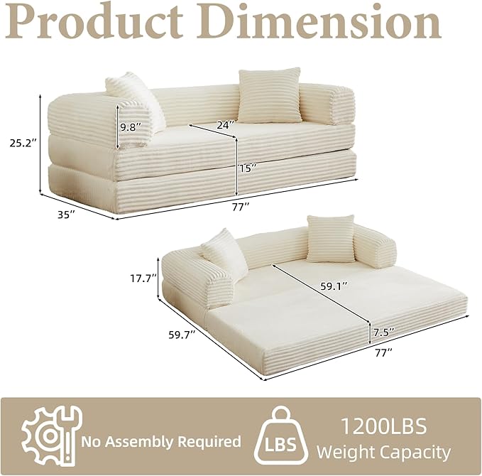 Folding Convertible Sleeper Sofa Bed Corduroy Upholstered Boneless Couch with Pillows Modular Floor Sofa Compression Couch for Living Room No Assembly Required (Beige)