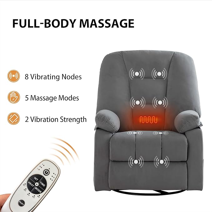 Power Swivel Rocker Recliner with Massage and Heat USB and Type-C Port Infinite Position Electric Glider Rocking Chairs Living Room Soft Fabric Reclining Sofa Chair (Velvet Grey)