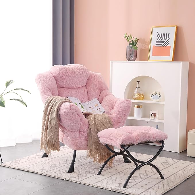 Lazy Chair with Folding Ottoman Modern Accent Lounge Armchair with Armrests and a Side Pocket &amp Foldable Footstool Leisure Reading Chair for Living Room Bedroom Dorm &amp Office Plush Pink