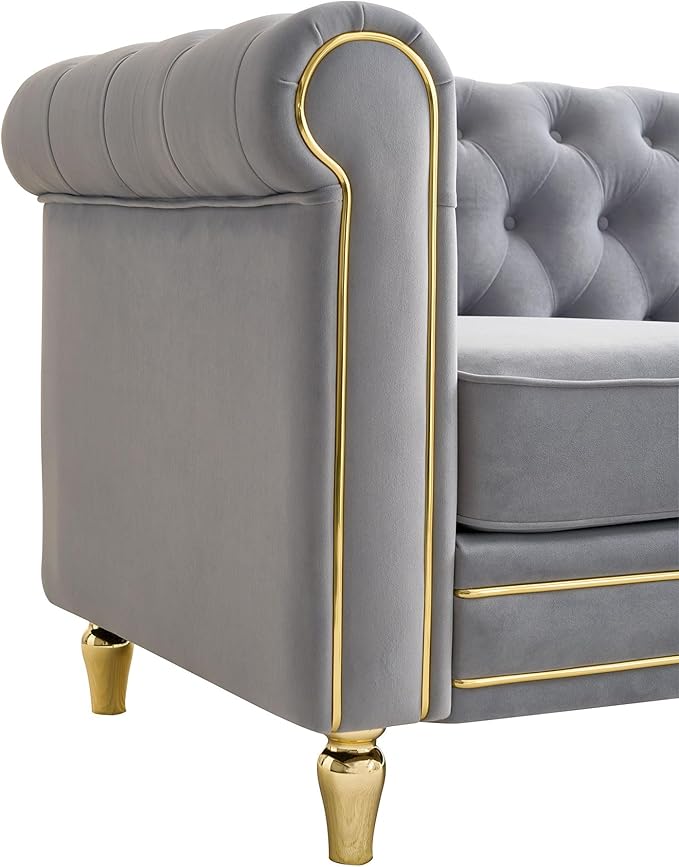 Homtique Modern Sofa Couch 3 Seater Couch Comfy Velvet Sofa with Button Tufted Rolled Arms and Gold Legs for Living Room Home Studio/Office Bedroom Grey