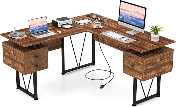 Tangkula 59 L-Shaped Office Desk with 3 Drawers &amp Charging Station Corner Computer Desk with Sturdy Metal Frame Industrial Home Office Computer Workstation for Working Studying (Rustic Brown)