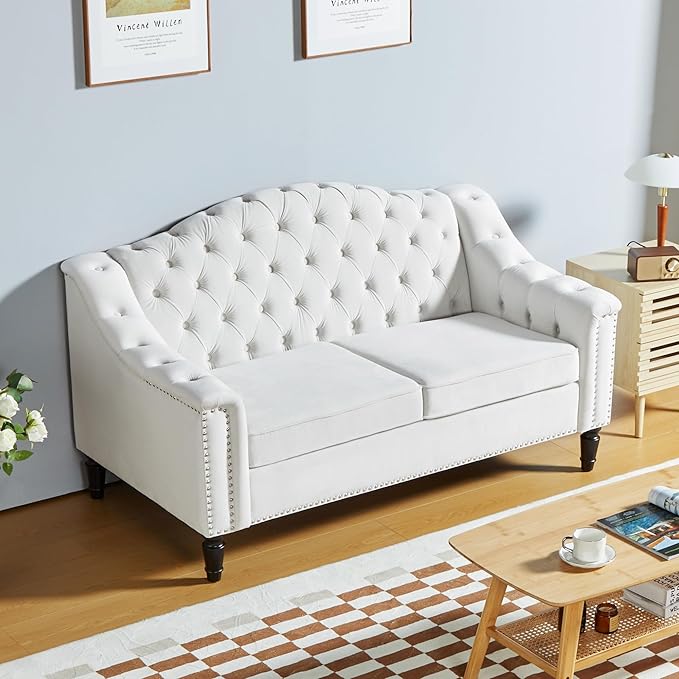 LEVNARY Chesterfield Loveseat Velvet Upholstered Sofa with Button-Tufted Back Mid-Century Modern Sofa with Solid Wood Legs 2 Seater Couches for Living Room (White)