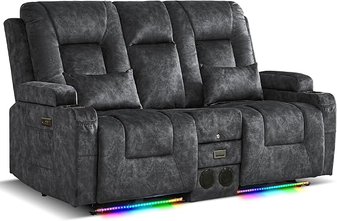 URRED Power Loveseat Recliner Sofa with Flipped Backrest Console Wall Hugger RV Reclining Loveseat Sofa Couch with LED Light/Bluetooth Speakers/USB/Outlets/Cup Holders/Pillow/Side Pocket Grey