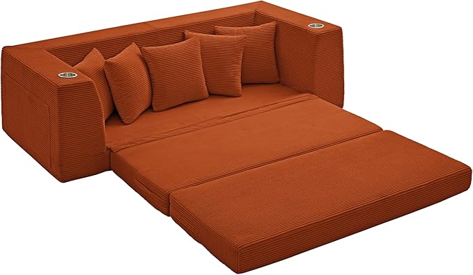 82'' Convertible Sofa Bed 2-in-1 Boneless Sleeper Sofa with Cup Holder &amp Pocket Corduroy Loveseat Sleeper Couch with 5 Pillows Pull Out Couch for Living Room Bedroom No Assembly (Orange)