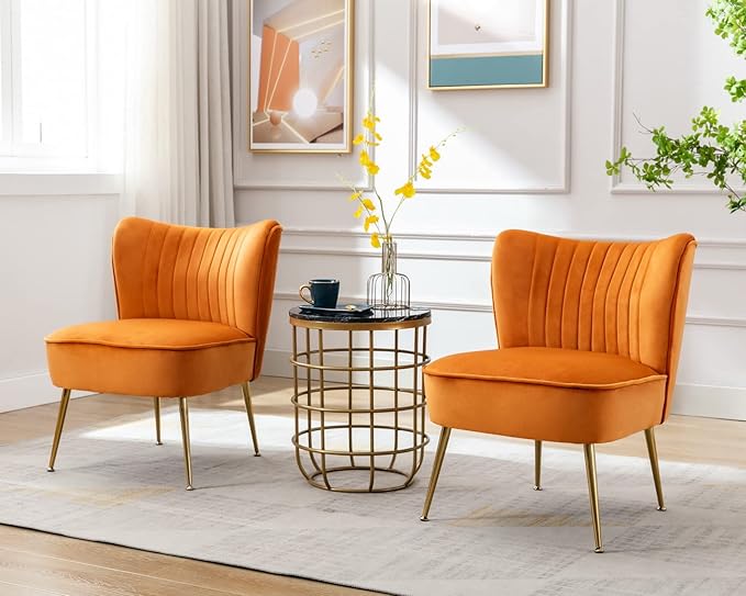 CIMOTA Velvet Accent Chairs Set of 2 Modern Armless Slipper Wingback Single Sofa Side Comfy Corner Chair with Golden Legs for Living Room Bedroom Orange