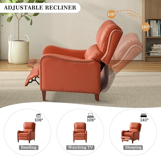 HULALA HOME Genuine Leather Recliner Chair Modern Push Back Recliner Armchair with Thick Seat Backrest &amp Footrest Nailhead Decor for Living Room Bedroom Brick
