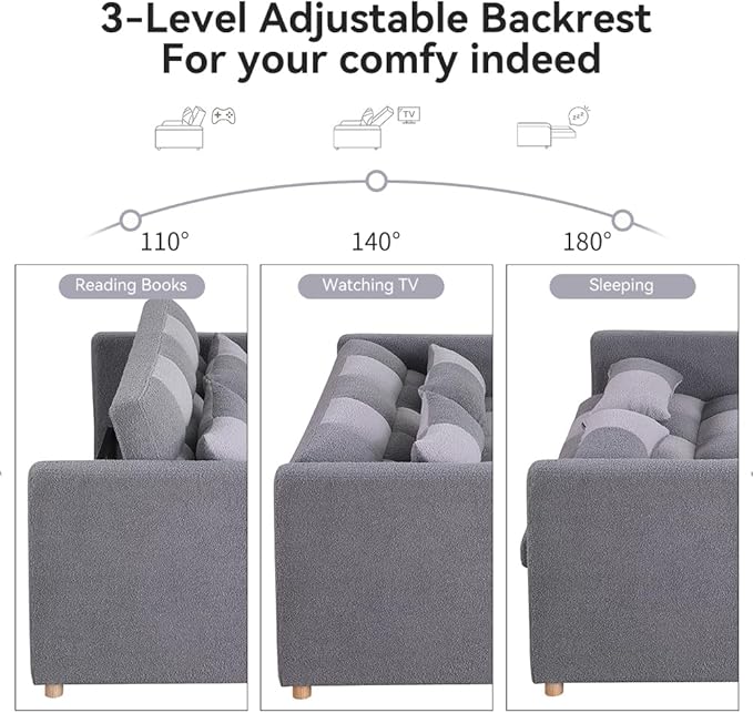 Sleeper Loveseat Pullout Sofa Bed 3 in 1 Convertible Couch Bed Pull Out Sofabed with 2 Pillows Adjustable Backrest Teddy Fabric Grey