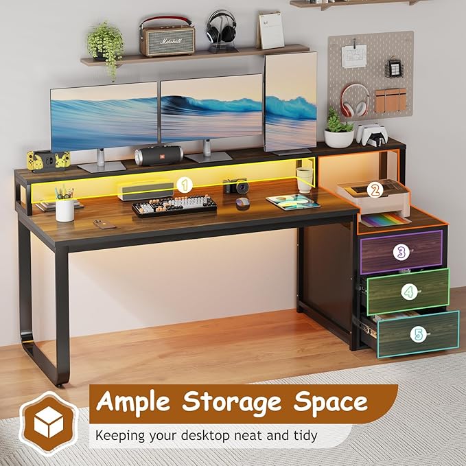 HOMBCK 67 Computer Desk with 3 Drawers Home Office Desk with Long Monitor Stand and Printer Space Office Desk with Storage &amp LED Lights Writing Desk with Drawers Black and Walnut