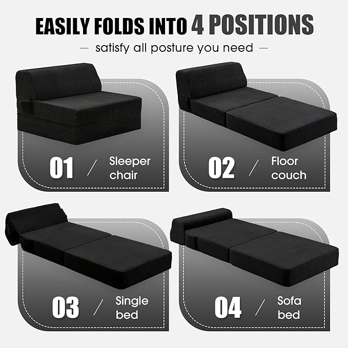Folding Sofa Bed with Pillow Memory Foam Fold Out Chair Bed Convertible Sleeper Chair with Washable Cover Futon Floor Couch for Living Room/Dorm/Guest Use/Home Office/Apartment Black