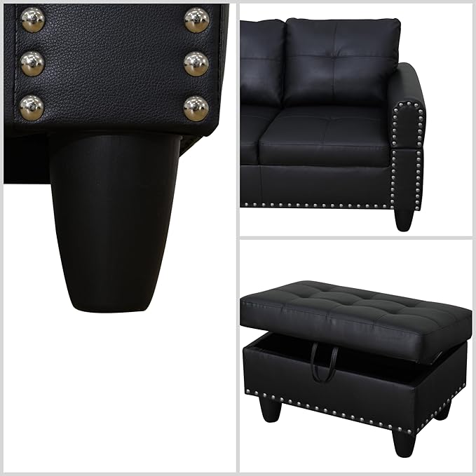 FONTOI L Shaped Sectional Couches for Living Room Modular 4 Seat Sofa with Ottoman Storage Modern Couch with Chaise for Bedroom Apartment Furniture Black