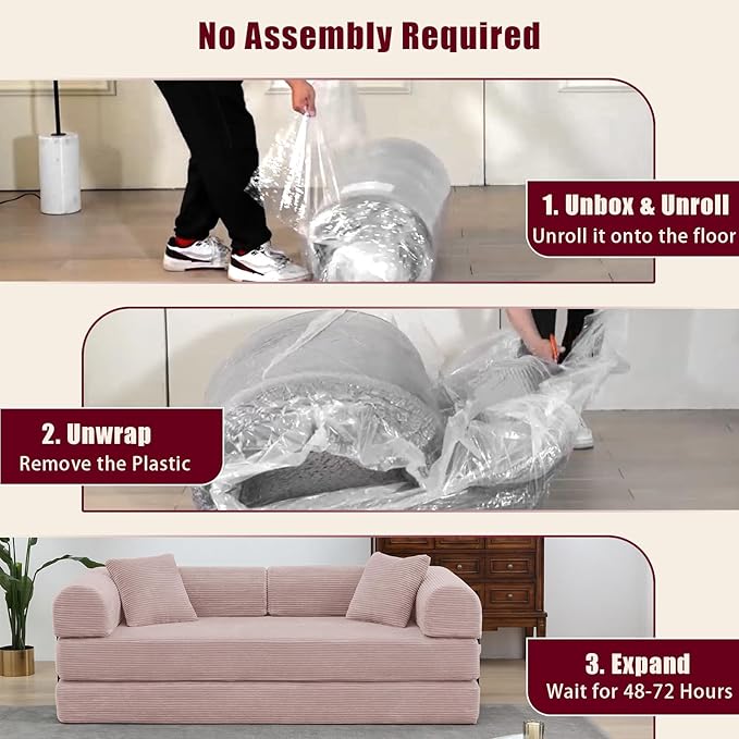 JJJ 63 inch Sofa Bed 4-in-1 Boneless Convertible Corduroy Sleeper Folding Couch with Fixed-Shape Frame and 2 Futons No Assemble Required 3 Seater Upholstered for Living Room (Pink 63 inch)