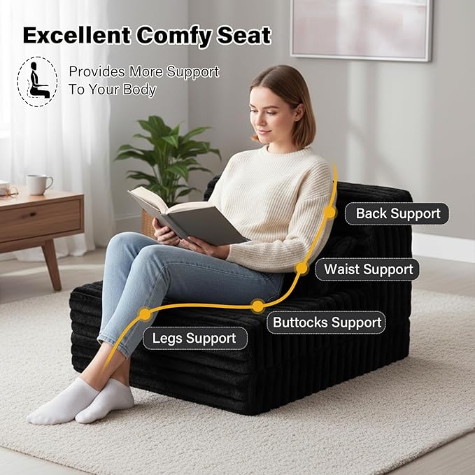 Tiita Folding Sofa Bed Single Size Convertible Sleeper Chair Mattress with Pillow Thick Corduroy Floor Mattress Couch Bed with Side Pocket Guest Room Dorm Apartment Black