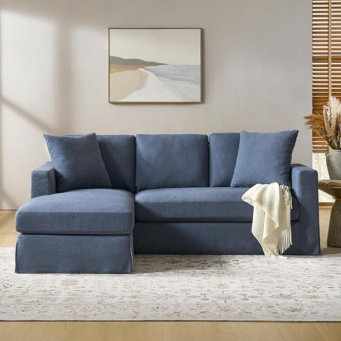 HULALA HOME 85 Slipcovered Sofa with Removable &amp Washable Cover 3-Seater Farmhouse Chaise Sofa with Down-Filled Cushions Comfy Upholstered Couch for Living Room Bedroom Navy
