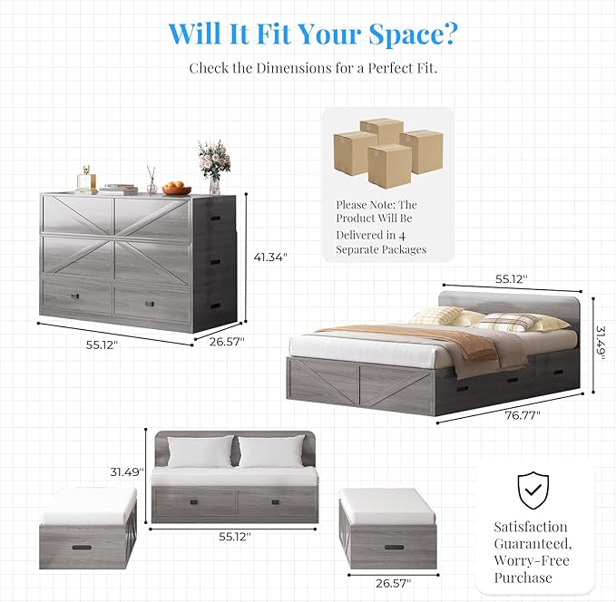 PUREMIND Murphy Bed Full with Mattress Included Wood Cabinet Bed with Dual Storage Drawers &amp 2 Pillows 3-in-1 Convertible Sofa Beds for Small Space Guest Room Home Office Gray