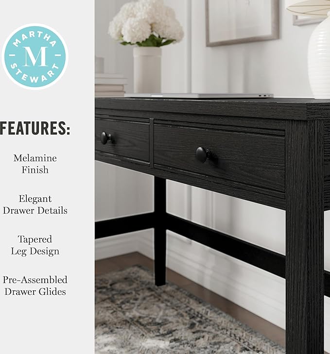 Martha Stewart Rhett Home Office Desk with 3 Drawers and Tapered Legs in Black with Oil Rubbed Bronze Hardware