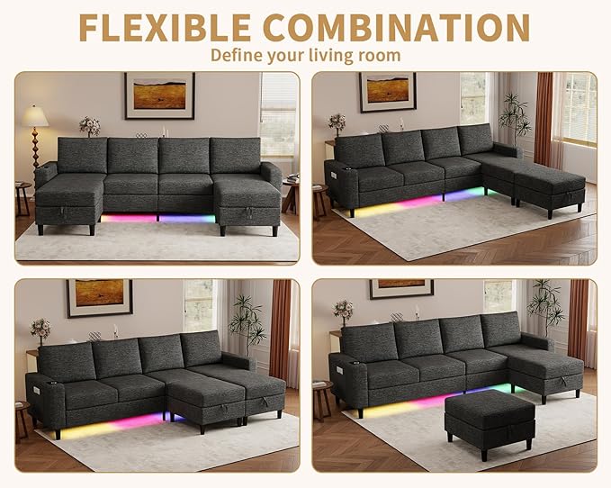 Smart Sectional Couches for Living Room 6 Seat U/L Shaped Sectional Sofa with RGB Light/Charging Modern Living Room Furniture for Apartments/Office/More (Dark Grey)