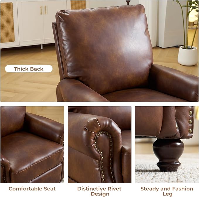 Pushback Recliner Chair with Massage and Heating Breathable Leather Recliner Chair with Overstuffed Backrest and Rivet Decoration Single Sofa Accent Chair for Living Room Light Brown