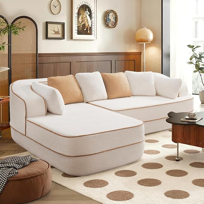 105.9 L-Shaped Boneless Sofa Left Chaise Plush Teddy Fabric 3-Seater Sectional Couches with 32D High-Resilience Foam Wide Arms for Living Room ApartmentWhite