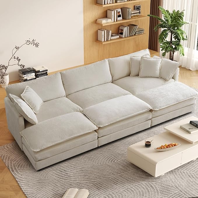 SoarFlash Chenille Sectional Sofa Comfy Modular Coush Sofa with Ottoman Modern 3 Seat Recliner Deep Seat Sofa Set for Living RoomLight Coffee