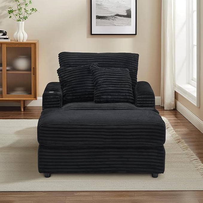 Chaise Lounge Chair Indoor 39 W Plush Corduroy Oversized Chair with Ottoman Upholstered Cozy Chaise with Cup Holder Modern Deep Seat Comfy Sofa Armchair for Living Room Bedroom(Black)