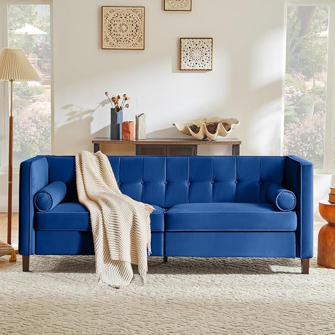 Kingfun 78 Couch for Living Room Mid Century Modern Sofa Velvet Loveseats with Bolster Pillows Home Sofa for Bedroom Blue