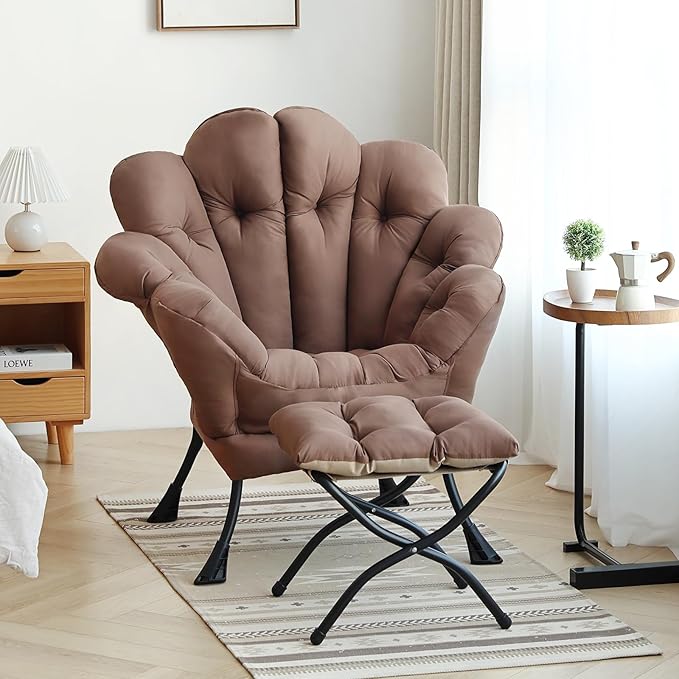 Lazy Chair with Ottoman Modern Floral Reading Chair with Folding Footrest Dark Brown Accent Chairs Comfortable Oversized Armchairs for Bedroom Living Room Courtyard
