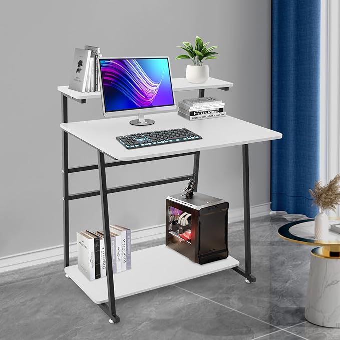 Small Office Mobile Computer Desk 3-Tier Laptop Table with Storage Shelves Tiny Computer Desk with Wheels for Home Office Bedroom Living Room Studio (White+Black)