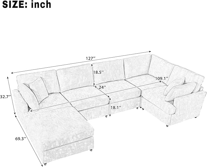 Modern Large Modular Sectional Couch U-Shape Sectional Sofa with Removable Ottoman Polyester Sofa 6-Seater Couch with Solid Wood Legs for Living Room (Gray-29J)