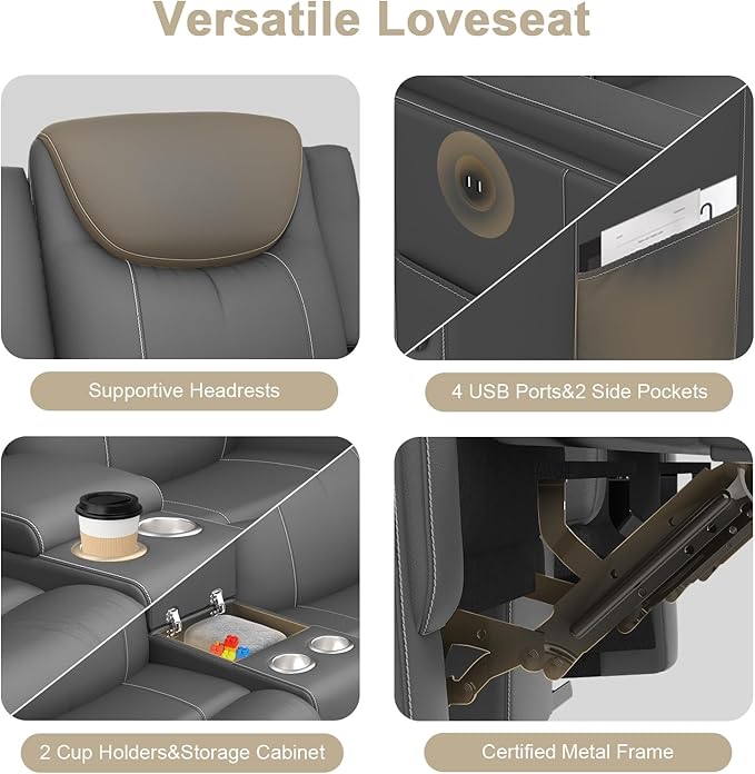Loveseat Recliner Sofa Gray PU Leather Double Recliner Loveseat with Console Cup Holders Storage &amp USB Ports Ergonomics Manual Reclining Sofa Couch for Living Room RV