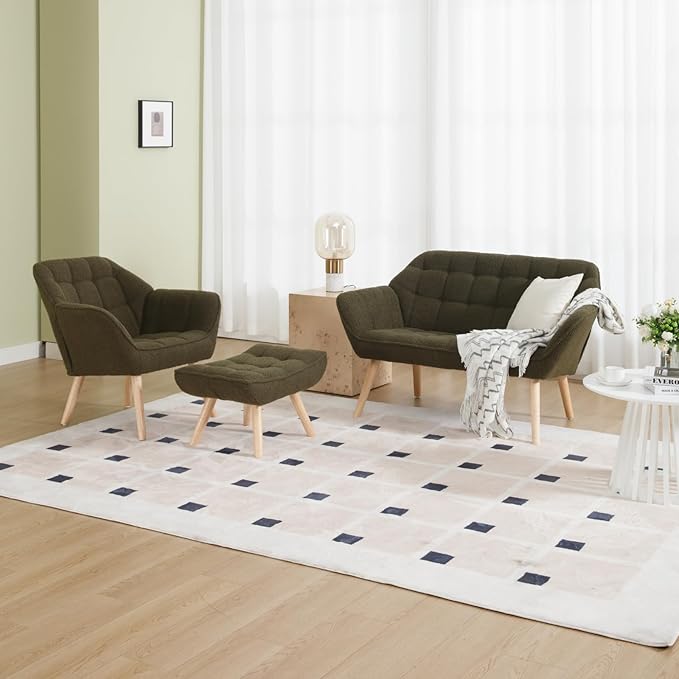 Modern Sherpa Accent Chair with Ottoman Fluffy Upholstered Lounge Chair with Footrest Comfy Living Room Side Boucle Armchair for Small Space Bedroom Apartment Green