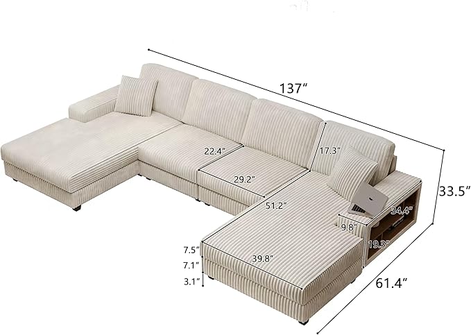 ERYE U-Shaped Modular Sectional Sofa Convertible Symmetrical Sofa Couch with Removable Chaise Lounges U Shaped Double Chaises Sectional Couches with Storage Armrests
