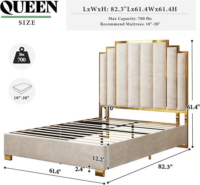 AMERLIFE Queen Size Upholstered Bed Modern Velvet Bed Frame with 61.4” Tall Gold Trim Headboard No Box Spring Needed Cream