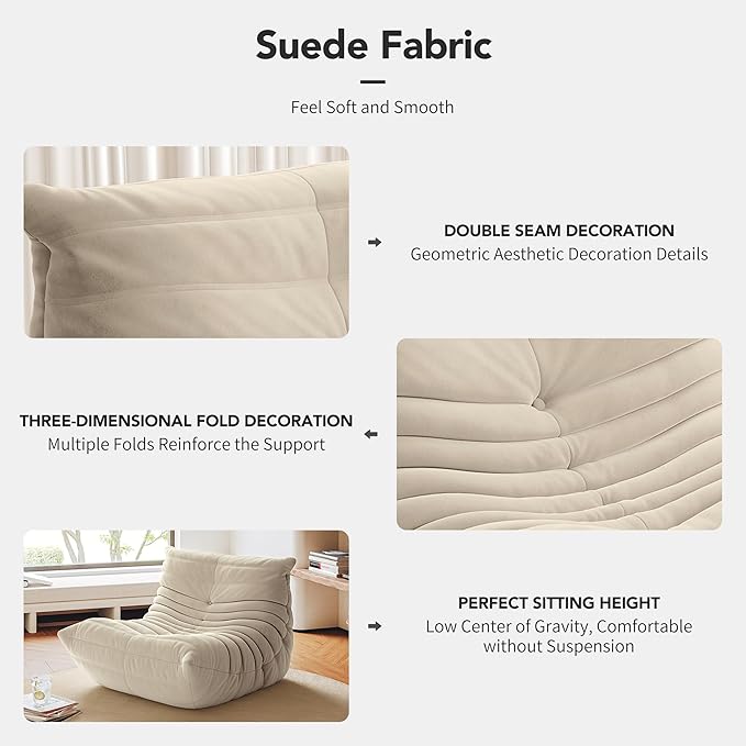 High-end Uncompressed Bean Bag Chair Fireside Togo Chair with Antique White/Light Grey Suede Fabric Cover Comfy &amp Soft Lazy Floor Lounge Sofa Chairs for Bedroom Living Room Office or Lounger