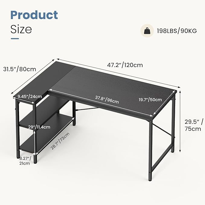DUMOS L Shaped Desk 47 Inch Computer Desk Gaming Furniture Corner Desks Home Office PC Table with Reversible Storage Shelves for Writing Working Study Bedroom Dorm Black
