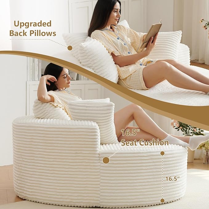 55''L Oversized Round Chaise Longue Chair Indoor Corduroy Sponge Single Sofa Oversized Round Chairs Modern Sleeper Chair for Living RoomProjection Room Wide Armrest Chairs Beige