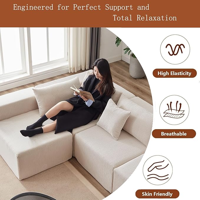 104 Modern Modular Sectional Sofa with Chaise &amp No Assembly Deep Seat 4-Seater L-Shaped Boneless Couch with Memory Foam &amp Corduroy Fabric Comfy Sectional Couches for Living Room Beige