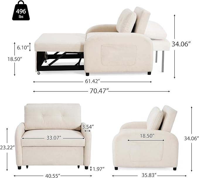 Merax 3-in-1 Convertible Sleeper Sofa Bed Loveseat to Bed with Pullout Design Soft Cotton Linen Fabric Includes Pillow &amp Side Pockets for Small Spaces Apartment Living Room Beige