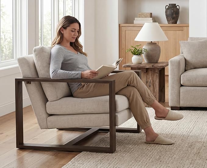 CIMOTA Modern Mid Century Accent Chairs Set of 2 Comfy Armchairs with 8.5 Thick Cushion &amp Armrests Upholstered Reading Lounge Chairs with Walnut Frame for Living Room Bedroom Office Beige