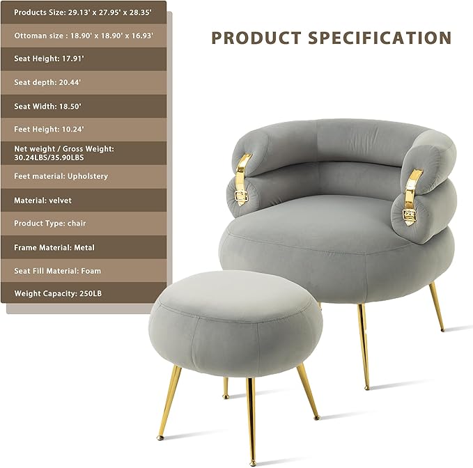 Velvet Accent Chair with OttomanModern Upholstered Armchair Tufted Chair with FootstoolSingle Sofa Chair with Golden Metal Legsfor Living Room (Gray-Chair and Ottoman)
