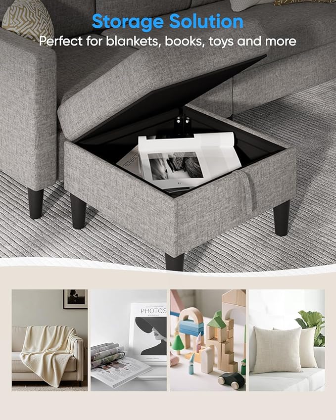 76 Inch L Shaped Sectional Sofa Modern 3 Seater Couch with Storage Ottoman Linen Convertible Sectional L Shape Couches for Living Room Apartment and Small Space