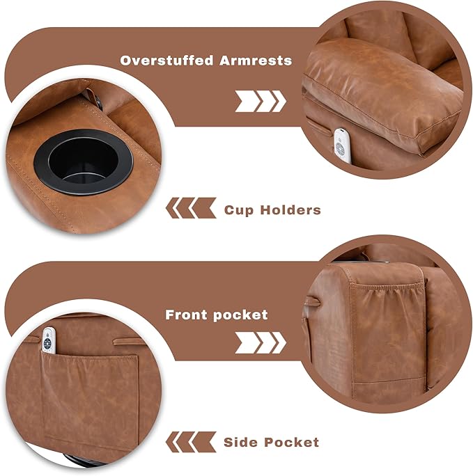 Rocker Recliner Chair with Heat and Massage360°Swivel Recliner Chair for Adults ElderlyOversized Recliner Single Sofa Seat with 2 Cup Holders and Side Pocket (Brown)